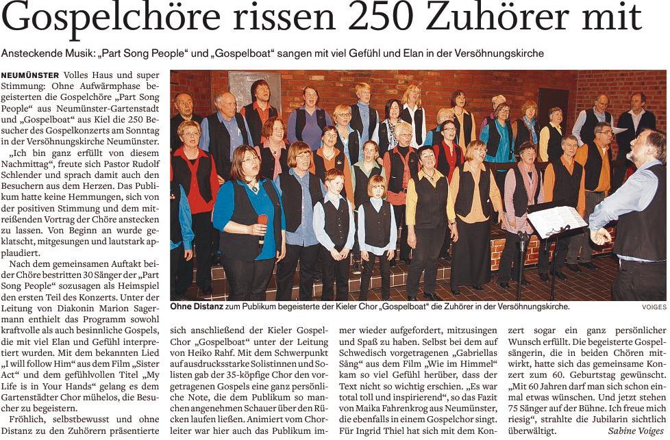 Holsteinischer courier 20 3 2012 Doppelkonzertr Gospelchoere rissen 250 Zuhoerer mit